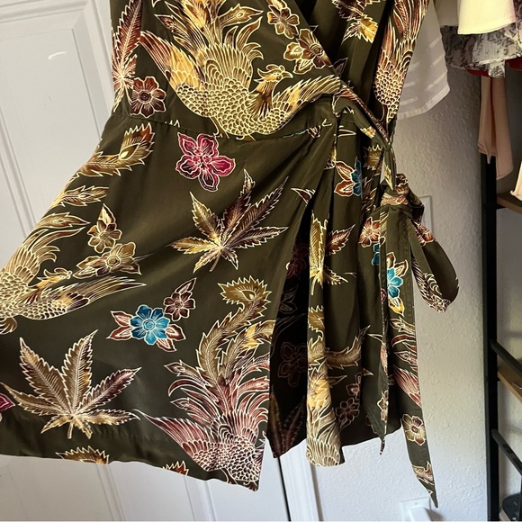 SANDRO PARIS olive army green phoenix bird floral silk sleeveless romper - Picture 2 of 9